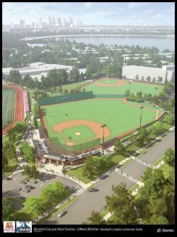 A rendering of the future J. Donald Monan, SJ Park, a baseball complex that will be shared by BC High, UMass Boston and the community. Image courtesy Stantec/UMass Boston/BC High